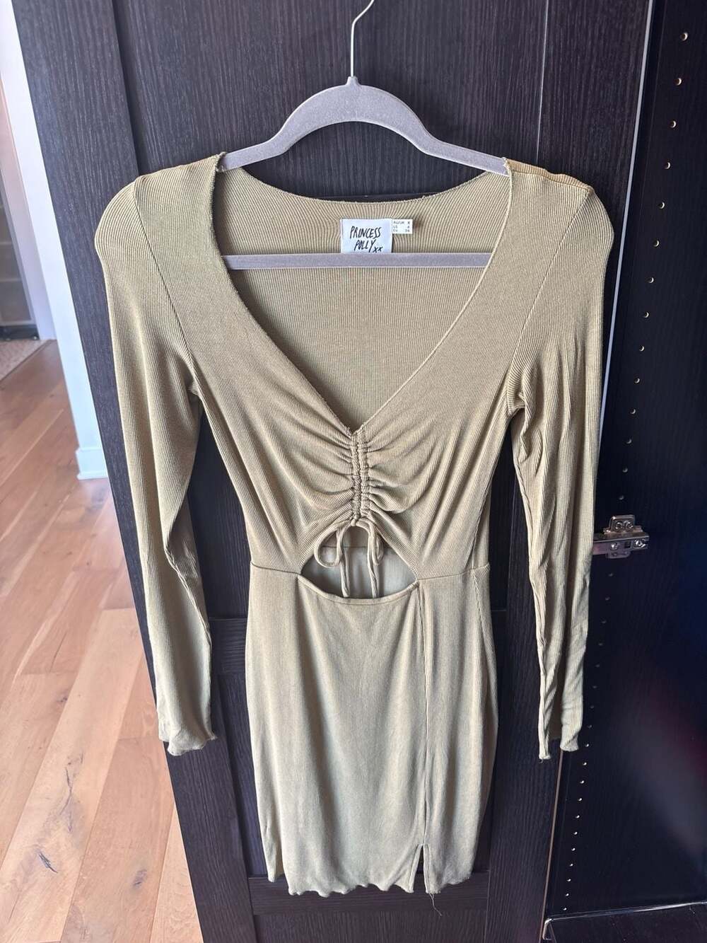 Princess Polly Pinch Me Green Ribbed Long Sleeve Cutout Mini Dress